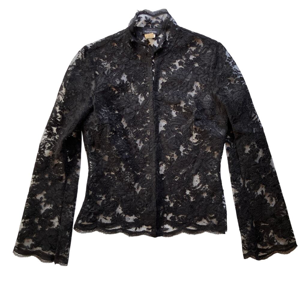Kay Celine Vintage Black Lace Jacket Size M Mock Neck Bell Sleeve Goth